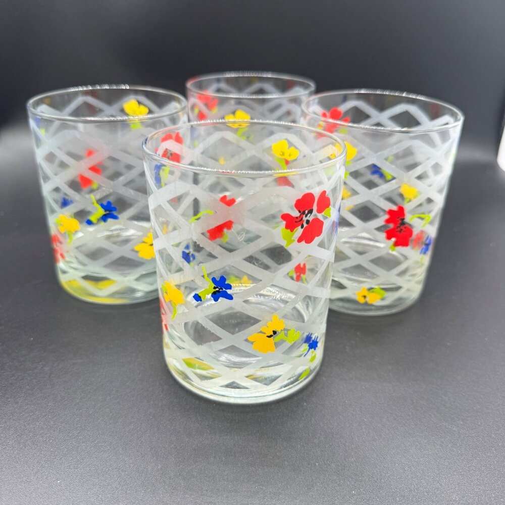 VTG MCM Colorful Floral high ball Drinking glasses  Set Of 4 floral frosted latt